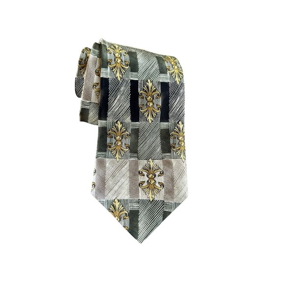 Men's 100% Silk Vintage Designed in Italy Gold Fleur de Lis Wide Tie - Picture 1 of 7